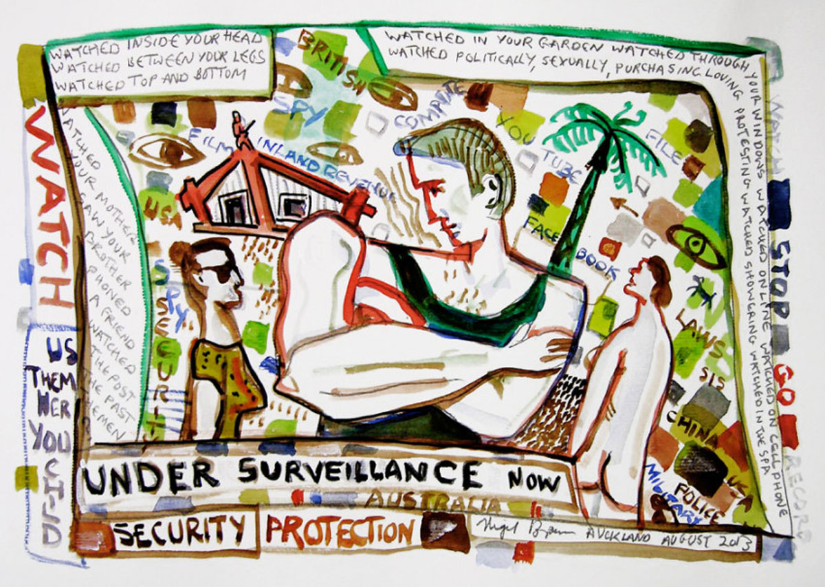 Under Surveillance, 2013, water colour & pencil on paper, 297 x 420mm